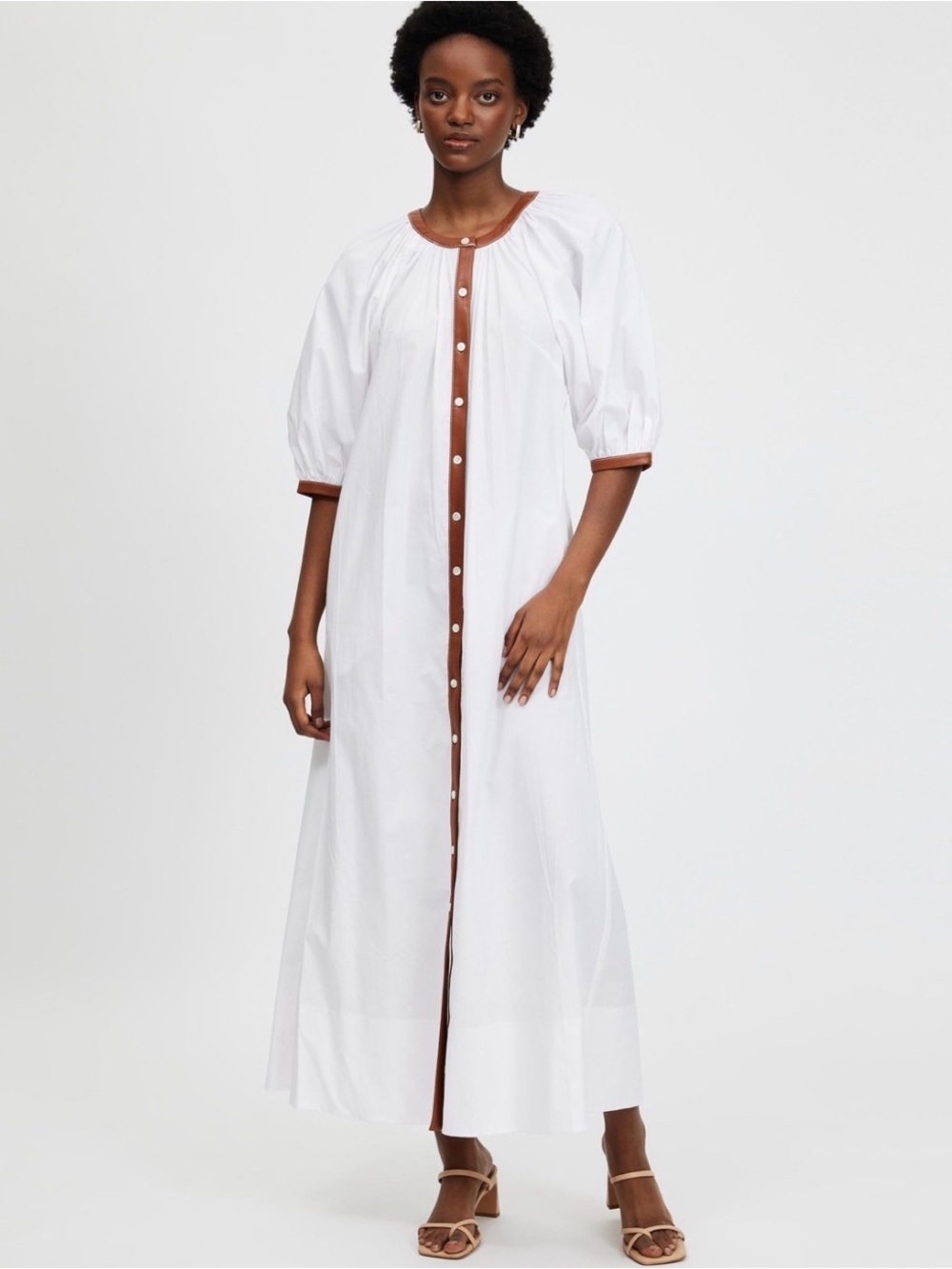 NWT STAUD Vincent White Dress with Whiskey Vegan Leather Trim Size S Puff Sleeve
